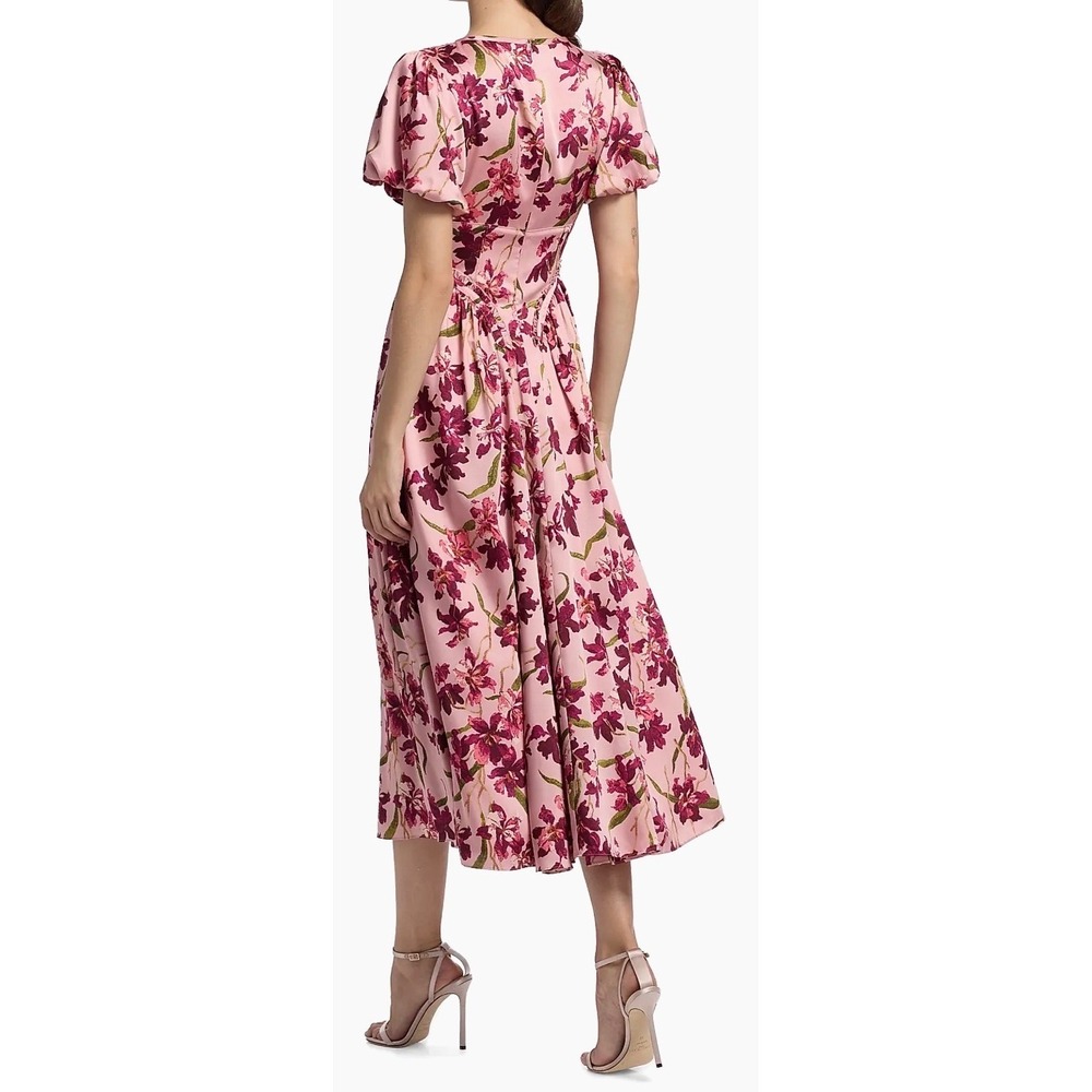 Cinq a Sept Pink Floral Orchid Midi Dress V-Neck Flutter Sleeve Womens Size 8 - Picture 11 of 12